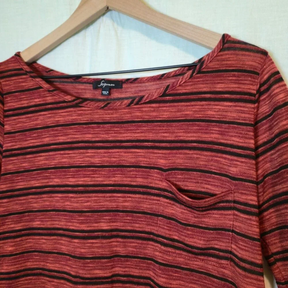 Soprano t-shirt womens Medium Striped pocket red 3/4 sleeve boat neck